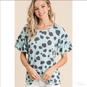 BiBi Mint Dalmatian Tiered Ruffle Sleeve Top